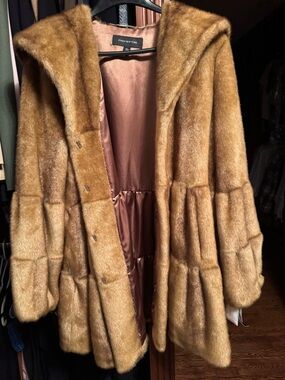 Jones New York Plush Hooded Faux Fur Coat in Camel Brown